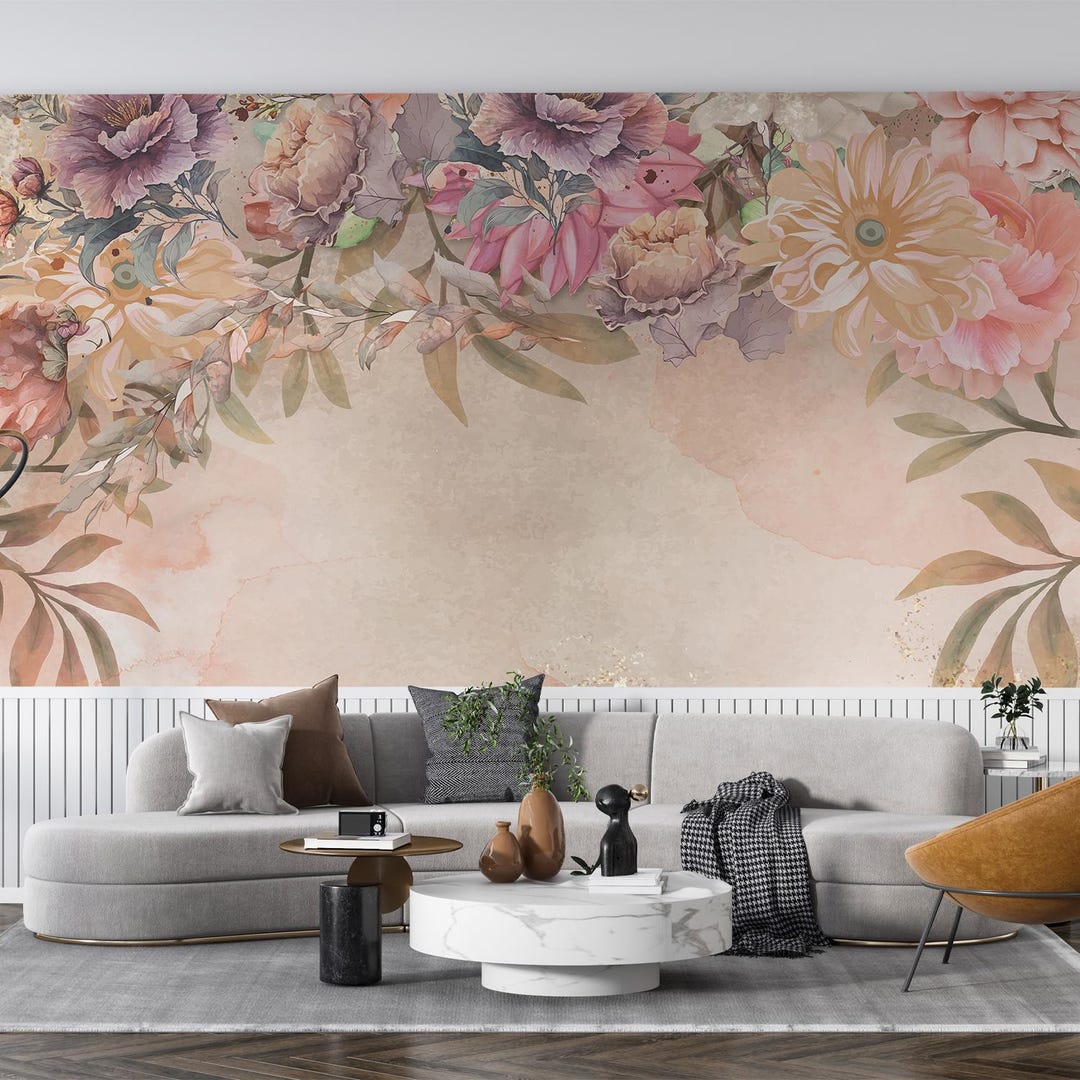 Floral Peony Watercolor Wallpaper – Pastel Botanical Custom Wall Mural ...