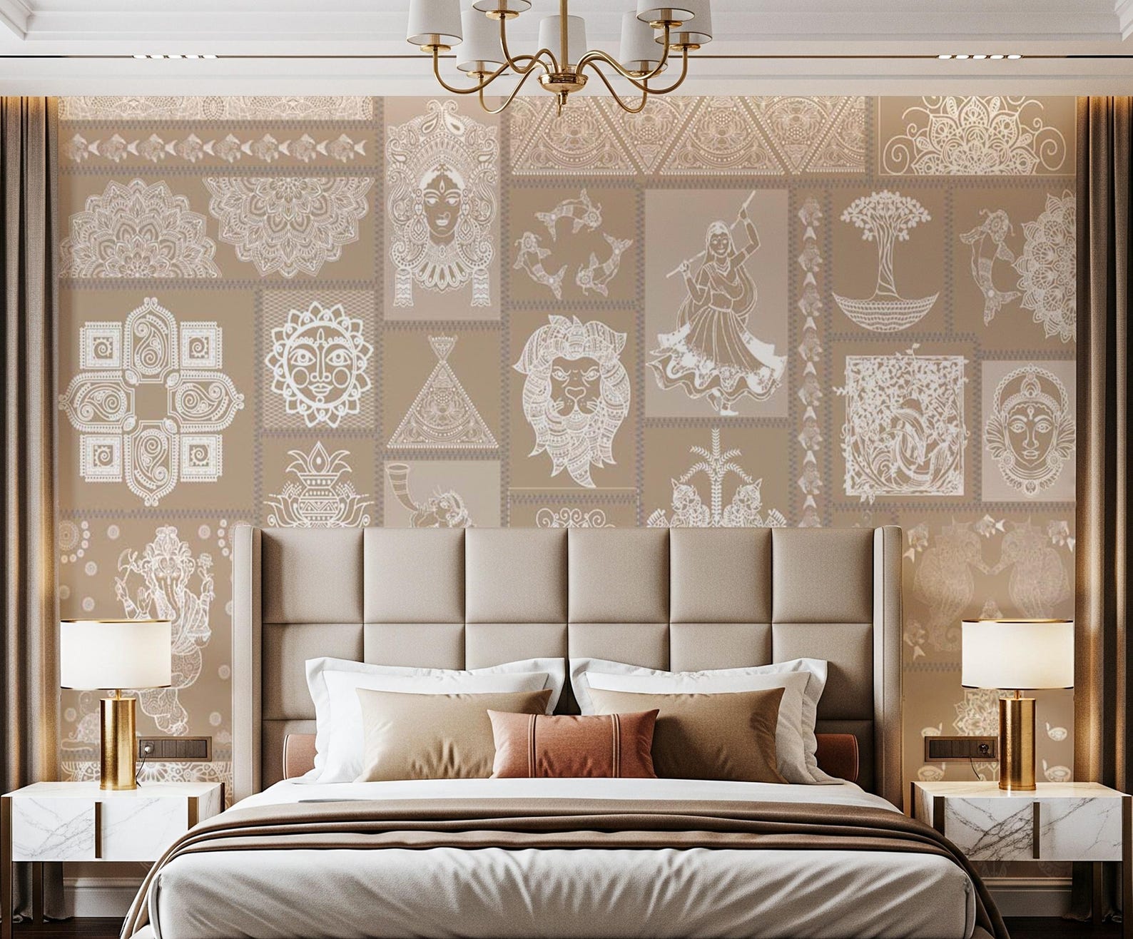 Traditional Madhubani Indian Wallpaper Mural With Beige Background for ...