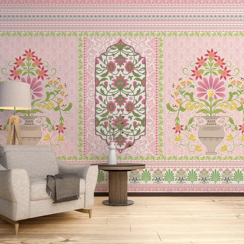 Mughal Floral Arch Wallpaper Mural for Living Room: Traditional Indian ...
