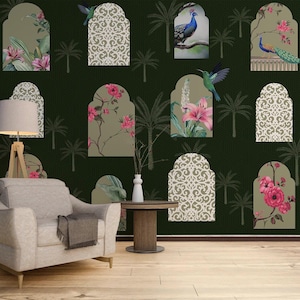 Indian Jharokha Arches Wallpaper Mural - Floral Window Wall Covering, Peacock Birds Wall Art for Bedroom, Dark Green Wall Decor For Home
