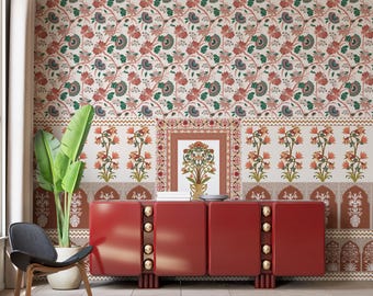 Floral Pichwai Art Wallpaper - Indian Jharokha Wall Mural, Traditional Mughal Art, Boho Vintage Living Room Decor, Textured Canvas Wallpaper