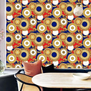 Luxury Golden Baroque Wallpaper Mural | Gold Blue Circles Wall Mural For Living Room | Red Yellow Designer Wallpaper | Mandala Wall Covering