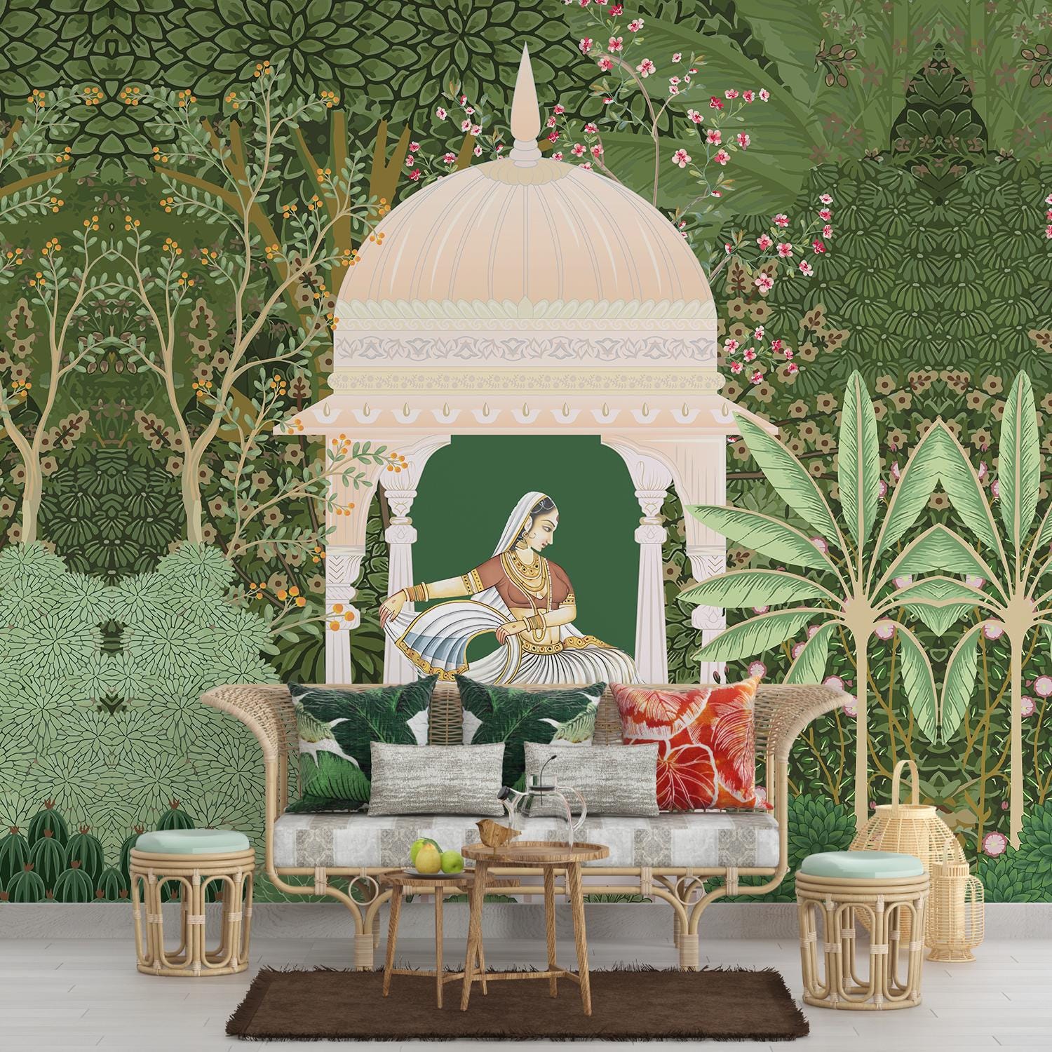 Mughal Garden Art Wallpaper Mural - Indian Rajasthani Jharokha ...