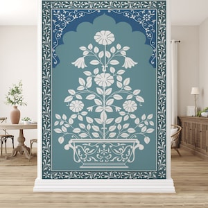 Traditional Indian Floral Wallpaper - Vintage Mughal and Rajasthani Art Inspired Madhubani Wall Mural, Premium Canvas Fabric Wallpaper