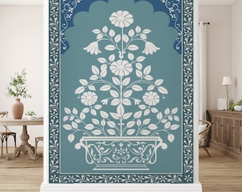 Traditional Indian Floral Wallpaper - Vintage Mughal and Rajasthani Art Inspired Madhubani Wall Mural, Premium Canvas Fabric Wallpaper