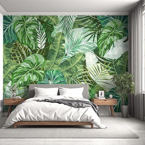 Tropical Green Leaves Wallpaper Mural: Botanical Rainforest Wall Decor