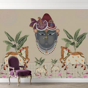 Shrinathji Pichwai Wallpaper Mural: Cow & Krishna, Indian Spiritual Wall Art