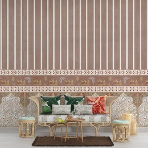 Indian Floral Jharokha Stripes Wallpaper - Traditional Rajasthani Wall Mural, Mughal Art Wall Covering for Home Decor, Royal Indian Wall Art