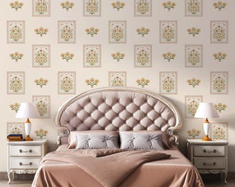 Indian Heritage Floral Jharokha Wallpaper Mural | Traditional Jaipur Vintage Wall Mural | Mughal & Rajput Wall Art Decor for Living Room