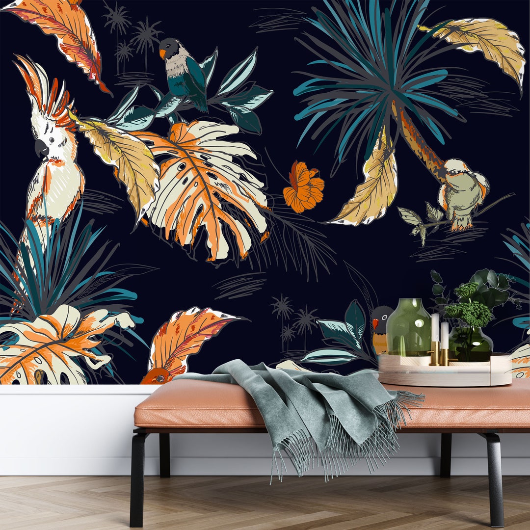Tropical Leaves and Birds Black Wallpaper, Exotic Palm Leaf Botanical ...
