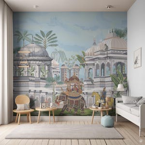 May include: A colorful mural depicting an ornate procession in a fantastical Indian city. The scene features an elephant carrying a palanquin, a rider on horseback, and several towering buildings with intricate details. The mural is painted in a vibrant palette of blues, greens, and golds.
