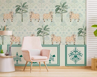 Pichwai Cow Wallpaper, Indian Art Wall Mural for Mandir, Traditional Temple Room Wall Decor, Ethnic Art Wall Covering for Pooja Room Walls
