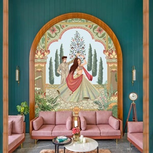 Indian Ethnic Traditional Floral Wallpaper | Couple Dancing in Garden Wallpaper | Hand Painted |  Premium Canvas Wallpaper