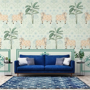 Indian Pichwai Cow Wallpaper, Pichwai Art Wall Mural for Mandir, Traditional Temple Room Wall Decor, Ethnic Art Wall Covering for Pooja Room