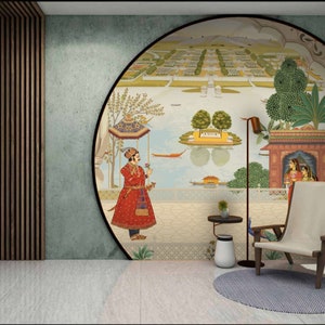 Royal Indian Mughal Palace Wallpaper Mural | King Queen Lakeside Garden Wall Covering | Traditional Designer Wall Art for Living Room