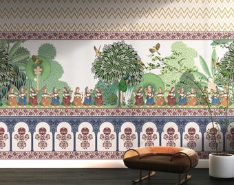 Traditional Indian Art Wallpaper | Peacock Ethnic Wall Mural For Temple Room | Rajasthani Designer Wall Covering for Mandir | Custom Size
