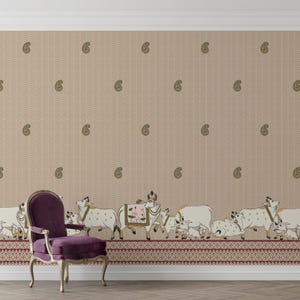 Indian Pichwai Cow Wallpaper Wall Mural for Temple Room, Ethnic Pichwai Art Canvas Painting, Traditional Kamadhenu Cows Art for Pooja Mandir