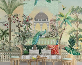 Indian Palace Wallpaper - Peacock in Mughal Garden Mural, Rajasthani Birds Wall Art for Living Room Decor | Royal Heritage Wall Covering