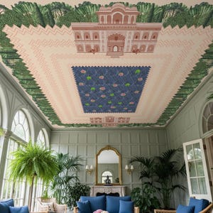 Lotus Pond Mughal Garden Ceiling Wall Mural | Indian Palace Architecture Design | Textured Canvas Wallpaper | Living Room Dining Room Decor