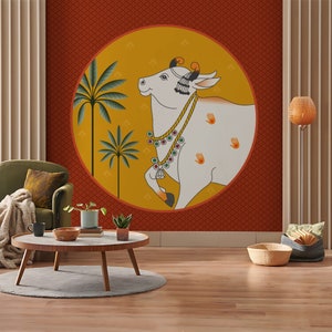 Indian Pichhwai Cow Painting Wallpaper for Home Decor, Traditional Indian Folk Art Wall Mural, Indian Sacred Cow Mural, Pichhwai Canvas Art