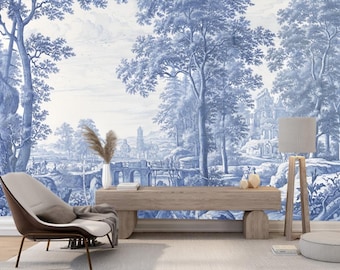 Blue Landscape Chinoiserie Wallpaper, Blue Scenic Vintage Wall Mural for Home Decor, Historic Wall Art for Large Walls, Royal Wall Covering