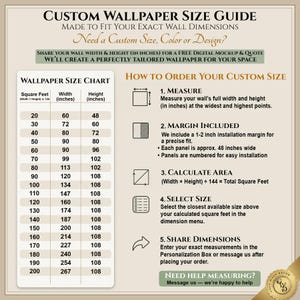Custom wallpaper size guide for wall murals showing how to measure wall width and height in inches, calculate square feet, and choose the correct wallpaper size. Includes a wallpaper size chart with dimensions from 20 to 200 square feet, installation margin details, and step-by-step ordering instructions. Custom wallpaper can be tailored to exact wall measurements, with panels numbered for easy installation and a free digital mockup available before production.