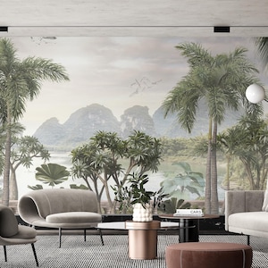 Serene Tropical Landscapes Wallpaper, Lakeside Forest Wall Mural With Trees and River for Living Room Decor, Nature Inspired Wall Covering
