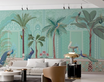 Mughal Garden Peacock Wallpaper Mural, Rajasthani Birds Wall Decor for Living Room, Royal Palace Indian Heritage Wall Art for Home Decor