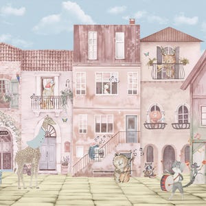 A high-resolution wall mural featuring a whimsical animal orchestra in a pastel European village. The watercolor design showcases a giraffe, cat, and bears playing instruments among charming townhouses. This full-artwork view highlights the soft storybook style and muted earth tones perfect for a custom wallpaper for walls in a creative nursery.