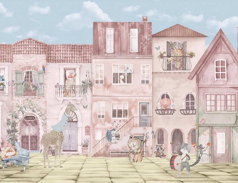 A high-resolution wall mural featuring a whimsical animal orchestra in a pastel European village. The watercolor design showcases a giraffe, cat, and bears playing instruments among charming townhouses. This full-artwork view highlights the soft storybook style and muted earth tones perfect for a custom wallpaper for walls in a creative nursery.