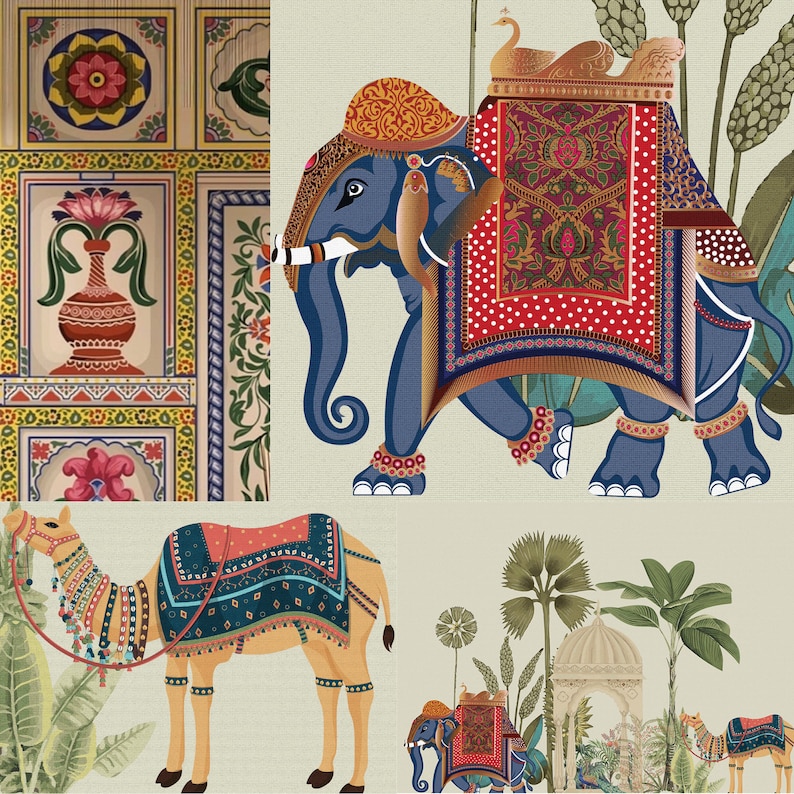 Vintage Indian Wallpaper Mural, Indian Art Collage Wallpaper, Mughal ...