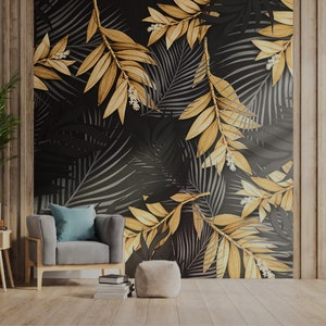 Black Gold Leaves Luxury Bedroom Wallpaper, Dark Leaf Tropical Home Wall Mural, Gold Palm Leaves Office Canvas Art, Vintage Living Room Deco