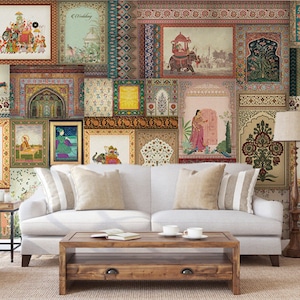 Vintage Indian Art Designer Wallpaper For Home Decor, Mughal Ethnic Collage Mural For Living Room, India Tradition Bohemian Canvas Wall Deco