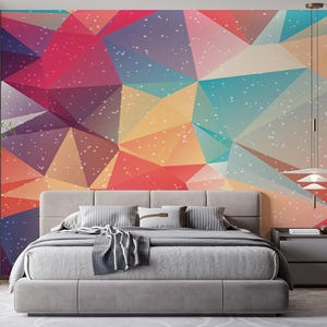 Colorful Geometric Abstract Wallpaper Mural, Custom Size Modern Polygon Wall Art, Vibrant Aesthetic Triangles Wall Decor for Bedroom, office
