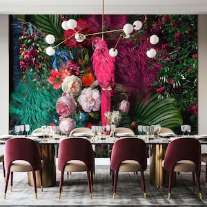 Pink Parrot Tropical Wallpaper Mural - Custom Large Wall Art, Exotic Bird Wall Decor, Floral Royal Wall Covering, Canvas Fabric Wallpaper