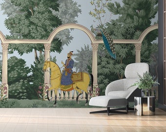 Traditional Mughal Emperor Riding Horse in Garden Wallpaper for Living Room, Vintage Mughal Culture Wall Mural, Mughal Empire King Wallpaper