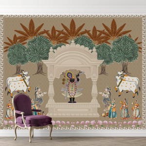Shrinathji Pichwai Wallpaper Mural: Radha Krishna, Sacred Cow Canvas Wall Art