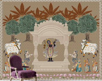 Pichwai Shrinathji Temple Wallpaper Mural with Sacred Cows, Lotus & Gopis - Krishna WallCovering, Ethnic Hindu Folk Art for Mandir Puja Room