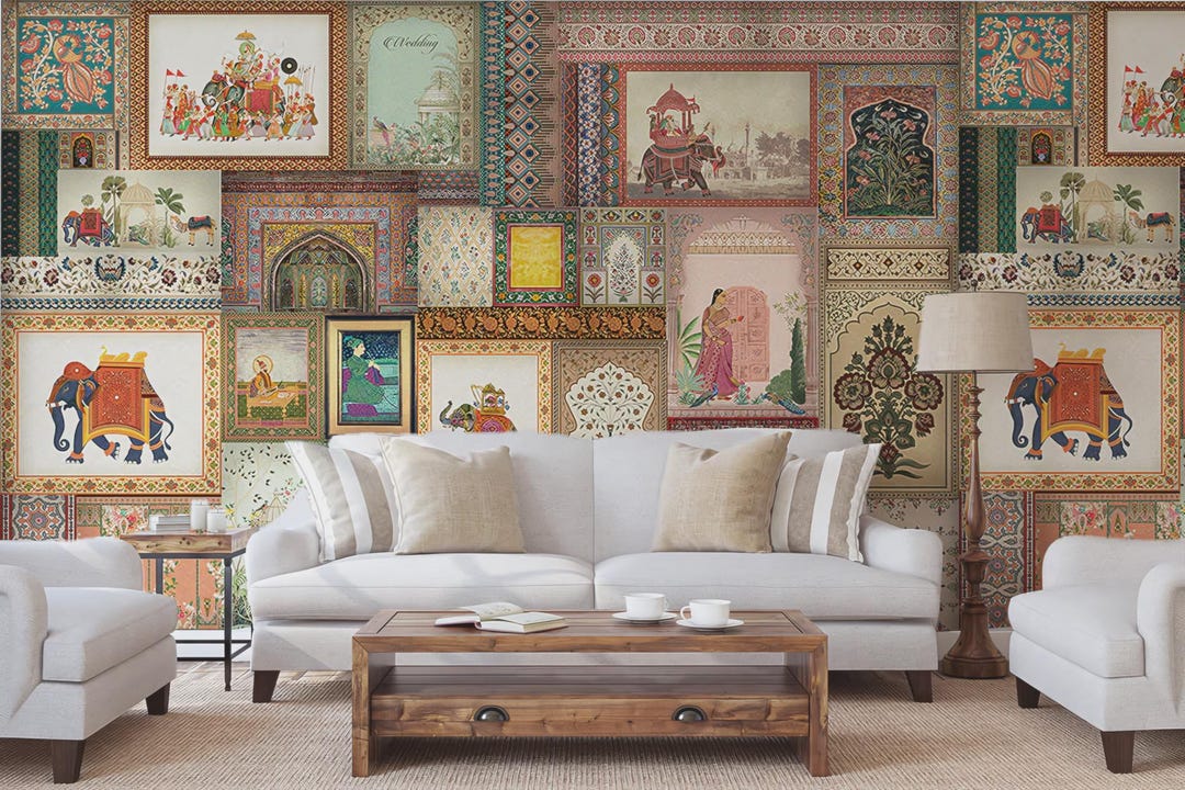 Indian Mughal Vintage Collage Wallpaper Mural, Royal Heritage Art Wall ...