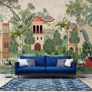 Mughal Woman in Garden Archway Palace Wallpaper Mural for Living Room, Traditional Temple green Floral Entryway Bohemian Bedroom Wall Decor