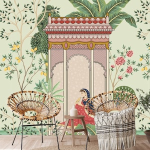 Mughal Queen in Garden with Peacock Art Wallpaper, Indian Rajasthani Art Traditional Wall Mural for Living Room, Canvas Gift, Painting Art