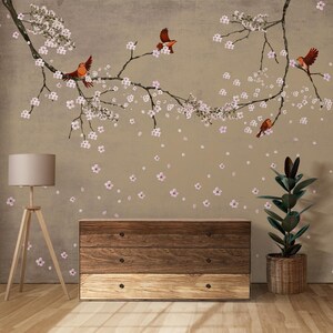 Chinoiserie Wallpaper Mural – Birds on Floral Branch Wall Decor | Birds and Flowers Chinoiserie Wall Covering, Elegant Mural for Living Room