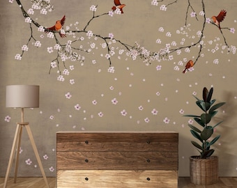 Vintage Bird Wall Mural, Beige Chinoiserie Wallpaper with Flowers, Asian Style Tree Branch Art, Canvas Textured Wallcovering for Accent Wall