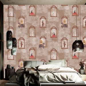 Traditional Mughal Art Wallpaper Mural | Vintage Indian Woman and Elephant Wall Mural | Custom Handmade Indian Designer Wall Decor for  Home