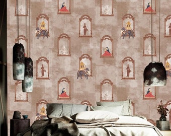 Traditional Mughal Art Wallpaper Mural | Vintage Indian Woman and Elephant Wall Mural | Custom Handmade Indian Designer Wall Decor for Home