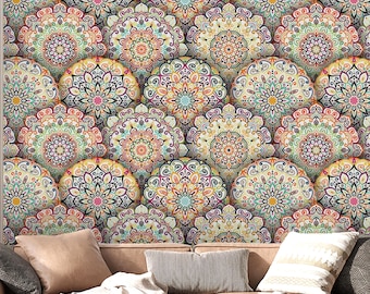Colorful Mandala Pattern Wallpaper Mural -  Vibrant Floral Custom Wall Art for Living Room, Intricate Mandala Wall Covering, Boho Home Decor