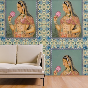 Royal Indian Art Vintage Wallpaper | Rajasthani Women Historic Wall Mural for Home Decor | Traditional Heritage Wall Covering | Queen Art