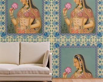Royal Indian Art Vintage Wallpaper | Rajasthani Women Historic Wall Mural for Home Decor | Traditional Heritage Wall Covering | Queen Art