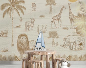 May include: A beige and gold wallpaper mural with a jungle theme. The mural features a lion, a rhino, a zebra, giraffes, a monkey, a tiger, and palm trees. The mural is displayed in a room with a wooden table and chairs.