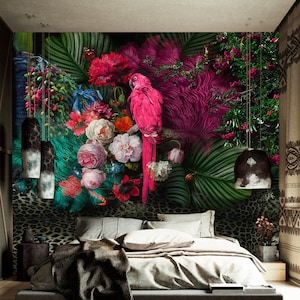 Pink Parrot Tropical Wallpaper Mural - Parrot Wall Mural, Exotic Bird Wall Decor, Floral Royal Wall Covering, Canvas Fabric Wallpaper